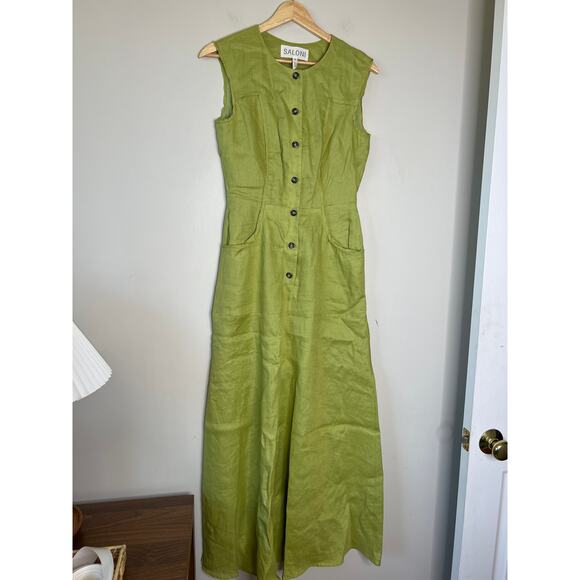 NEW Saloni  Sierra Shirt Sleeveless Frayed Linen Trim Maxi Dress Green Size: 2 - Picture 2 of 7